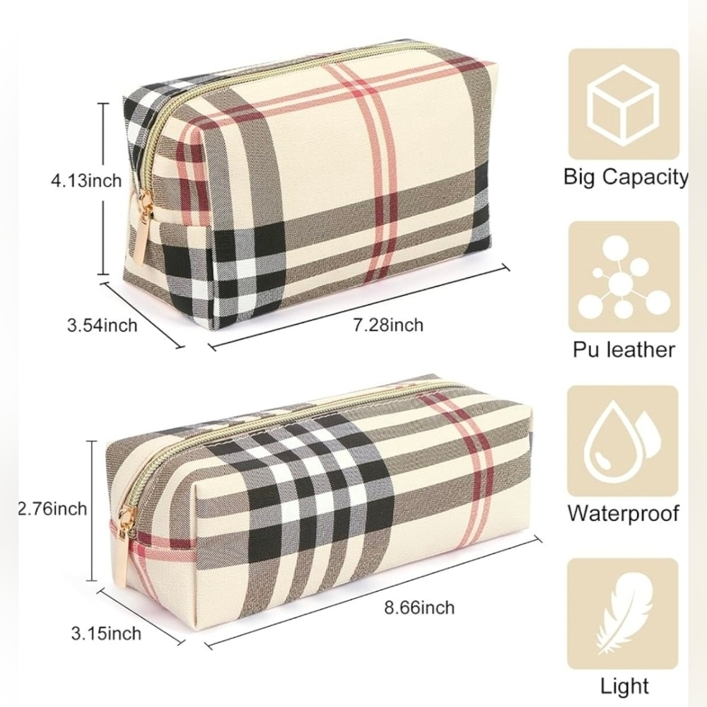 Cosmetic Bags, 2 Small Make Up Bags In Khaki Plaid. New! - Picture 2 of 2